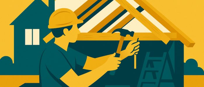 Illustration d’un charpentier installant une charpente en bois sur une maison