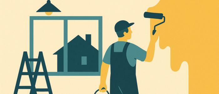 Illustration d’un ouvrier rénovant un mur intérieur avec un rouleau de peinture
